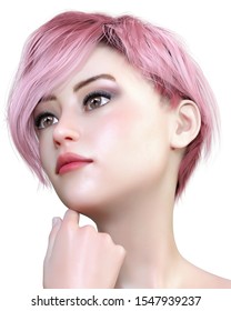 Portrait beautiful pretty young girl with brown eyes and red lips.Soft skin.Pink shot hair.Bright makeup.3D render illustration. Isolate. High key photo.