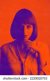 Portrait Of Beautiful And Sexy Woman With Bob Hair Cut Style. Model Looking At Camera And Hold Finger To Her Chin. Halftone Made From Dots Grunge Style Illustration. Toned With Purple And Orange Color