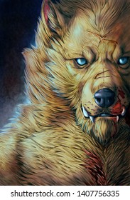 Portrait Of A Big Blonde Werewolf With Blue Eyes And Blood On The Muzzle