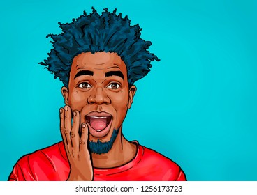 Portrait of black man  says wow with open mouth to see something unexpected. Shocked  guy with surprised expression. Emotions concept