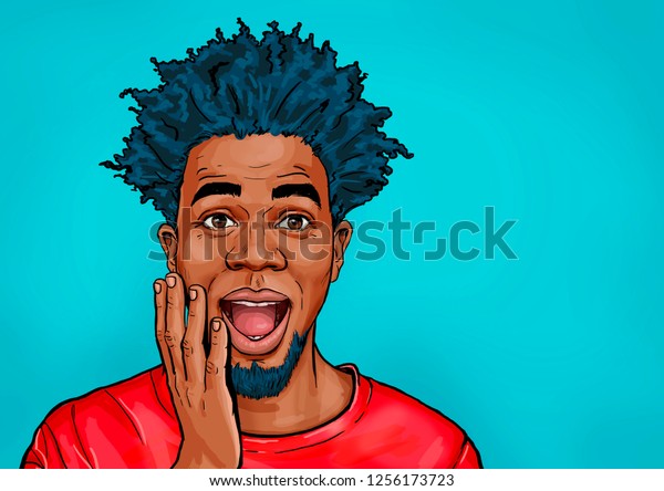 黒人男性のポートレートは 思いがけない何かを見るために口を開いてわあわてて言う 驚いた顔をした男 感情のコンセプト のイラスト素材