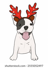 Portrait of Black and white french bulldog wearing red reindeer horn costume, smiling and  sitting , cartoon character illustration drawing on white background.