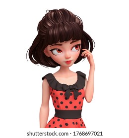 Portrait Of Brunette Young Asian Woman With Brown Eyes. Beautiful Cute Cartoon Fashion Valentines Girl In Red Dress With Black Polka Dots Touches Hair With Hand. 3d Render Isolated On White Backdrop