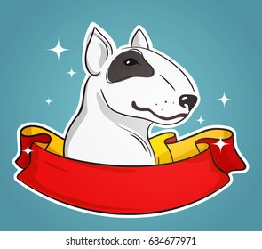 Portrait of Bull Terrier with Red Ribbon around his Neck with a place for your text, Old School Style Illustration