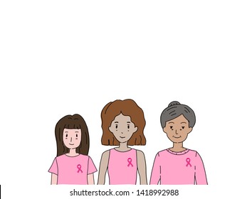 Portrait cartoon of 3 diverse group of women from young, adult to senior older wearing pink shirt and ribbon smiling positive and strong for breast cancer awareness month in october with copyspace. - Powered by Shutterstock