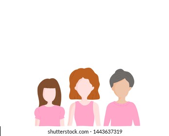 Portrait cartoon of 3 diverse group of women from young, adult to senior older wearing pink shirt. Positive and strong for breast cancer awareness month in october with copyspace for advertising. - Powered by Shutterstock