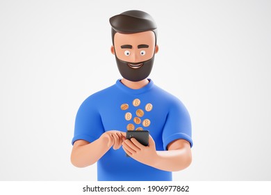 Portrait Cartoon Beard Character Man In Blue Tshirt Use Smartphone With Bitcoins Fly From Screen Over White Background. 3d Render Illustration.