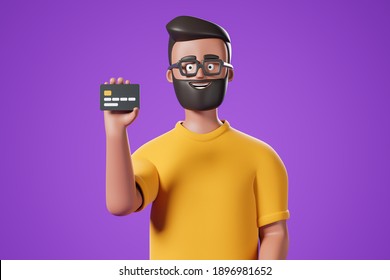 Portrait cartoon character beard man in yellow shirt and glasses show black bank credit card over purple background.  3d render illustration