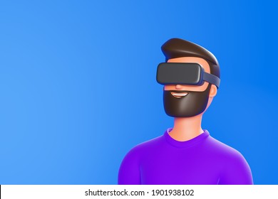 Portrait Cartoon Character Beard Man Use Vr Goggles Over Blue Ba