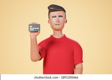 Portrait Cartoon Character  Man In Red Shirt  Show Black Bank Credit Card Over Purple Background.  3d Render Illustration