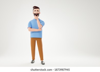 Portrait of cartoon thinking man in blue t-shirt posing over white background. 3d render illustration.