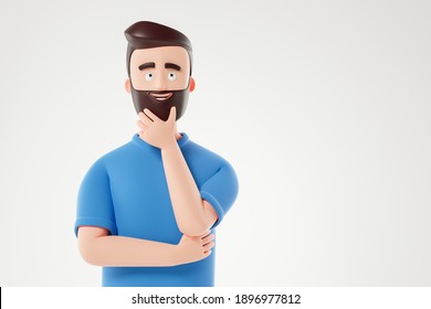 Portrait Of Cartoon Thinking Man In Blue T-shirt Over White Background. 3d Render Illustration.