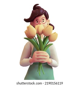 Portrait of casual brunette girl in glasses, green overalls smelling bouquet of yellow tulips. Florist holds fresh flowers in her hands. International Women's Day. 3d render isolated on white backdrop - Powered by Shutterstock