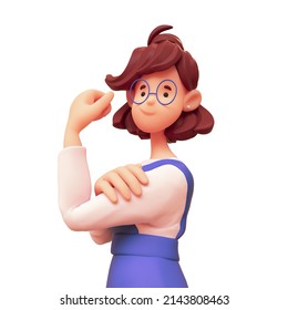 Portrait Of Casual Kawaii Funny Smiling Brunette Girl In Glasses Wears Blue Overalls Shows Powerful Muscle On Her Arm, Posing Making Strong Gesture. We Can Do It. 3d Render Isolated On White Backdrop.