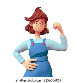 Portrait of casual kawaii funny smiling brunette girl in glasses wears blue overalls shows powerful muscle on her arm, posing making strong gesture. We Can Do It. 3d render isolated on white backdrop. - Powered by Shutterstock