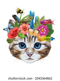 Portrait Of Cat With A Floral Crown.  Flora And Fauna. Hand-drawn Illustration, Digitally Colored.
