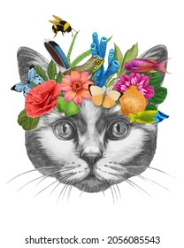 Portrait Of Cat With A Floral Crown.  Flora And Fauna. Hand-drawn Illustration, Digitally Colored.