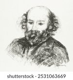 Portrait of Cezanne (1902) by Pierre-Auguste Renoir. Man portrait illustration. Vintage man art drawing illustration, black and white male portrait old painting art print of a man.