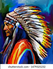 Portrait Of A Colorful Native American Chief