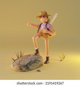 Portrait Confident Cartoon Character Adventure Girl In The Hat Stand With Backpack And Treasure Map, Isolated Background. Travel Concept. 3d Render Illustration.