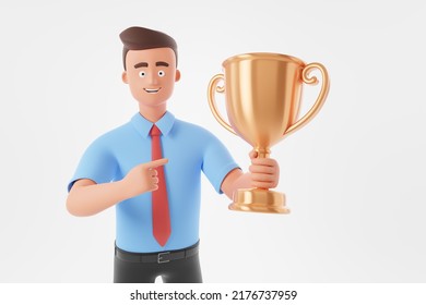 Portrait Confident Cartoon Character Businessman Hold Gold Prize Cup Isolated Over White Background. Winner Concept. 3d Render Illustration.