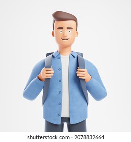 Portrait confident cartoon character student man in blue shirt stand with backpack isolated over white background. University education concept. 3d render illustration.