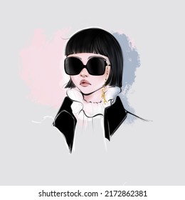 Portrait Of A Cool Girl In Short Bob Hair Cut Wearing Sunglassess