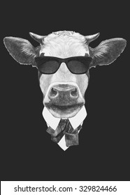 Portrait Of Cow In Suit. Hand Drawn Illustration.