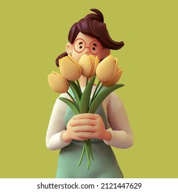 Portrait of cute casual brunette girl in glasses wears green overalls, white t-shirt smelling a bouquet of yellow tulips. Florist holds fresh flowers in her hands. International Women's Day. 3d render