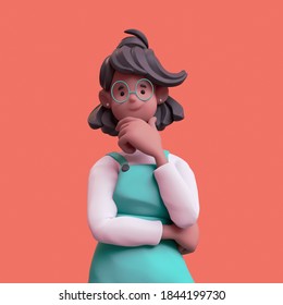 Portrait Of Cute Casual Funny Black Girl In Glasses Wearing Turquoise Apron, White T-shirt Touches Her Chin With Hand, Thinking Expression. Minimal Art Style Character. 3d Render On Orange Backdrop