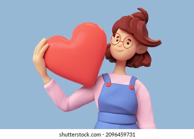 Portrait of cute casual kawaii funny smiling brunette girl in glasses, blue apron, pink t-shirt holding red heart shape with her hand. I Love You. Self acceptance, confidence. Minimal art. 3d render.