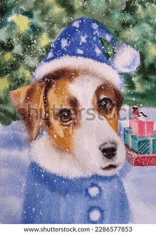 portrait of a cute friendly purebred dog in a blue cap and jacket looks at us with golden eyes on a beautiful New Year's colored background , watercolor painting
