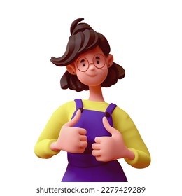 Portrait of cute kawaii excited casual asian brunette k-pop girl in fashion clothes purple overalls, yellow t-shirt showing thumb up hand gesture good job respect. 3d render isolated on white backdrop