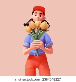 Portrait of cute kawaii excited smiling asian k-pop girl in fashion casual clothes red pants, blue t-shirt holds fresh flowers in her hands, smells bouquet of yellow tulips. 3d render on pink backdrop - Powered by Shutterstock