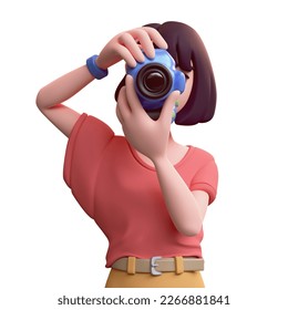 Portrait of cute kawaii funny asian brunette k-pop photographer girl in fashion casual clothes yellow shorts red t-shirt holding blue camera in hands takes photos. 3d render isolated on white backdrop - Powered by Shutterstock