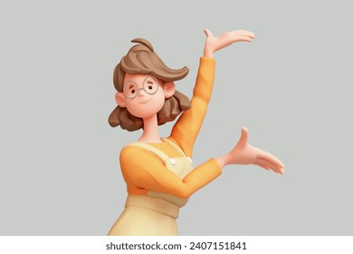 Portrait of cute kawaii positive excited smiling asian active k-pop chef girl wears fashion casual clothes overalls, orange t-shirt shows empty copy space on open hand palm for text. 3d pastel render.
