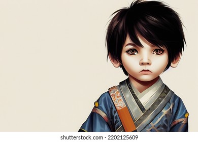 Portrait Of A Cute Little Boy With Traditional Japanese Clothing, Digital Illustration