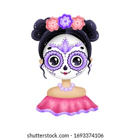 Portrait cute Mexican girl and big eyes   skull makeup white background