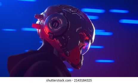 Portrait of a cyberpunk character with a human skull in sci-fi orange blue helmet, black hoodie. Cyberspace Augmented Reality. 3d render of a night dark blue background with glowing neon speed stripes
