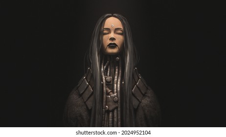 Portrait of cyborg girl with long black hair, closed eyes, metal grunge wires on her neck standing in night scene. 3d illustration of futuristic post apocalypse cyber female character in burlap cloak.