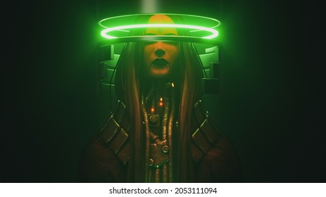 Portrait of cyborg girl with long black hair, metal grunge wires on her neck on dark scene with glowing green futuristic circles. 3d illustration of futuristic post apocalypse cyber female character.