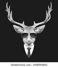 Portrait of Deer in suit and sunglasses. Bodyguard. Hand-drawn illustration.