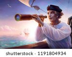 Portrait of discoverer Christopher Columbus. Famous sailor happy looking at a new land which spotted on horizon of Caribbean sea. Discovery of America. Digital painting for celebrating of Columbus Day