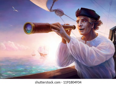 Portrait of discoverer Christopher Columbus. Famous sailor happy looking at a new land which spotted on horizon of Caribbean sea. Discovery of America. Digital painting for celebrating of Columbus Day