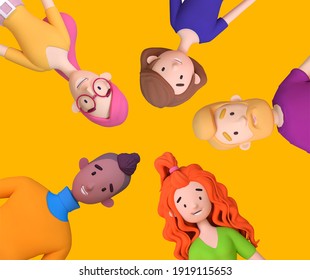 Portrait of diverse people looking down at camera and laughing. Group of multicultural teenagers standing in circle. Trendy 3d illustration.