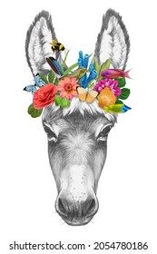 Portrait of Donkey with a floral crown.  Flora and fauna. Hand-drawn illustration, digitally colored.