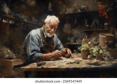 Portrait, Elderly man sitting at table, painted in watercolor in retro style.