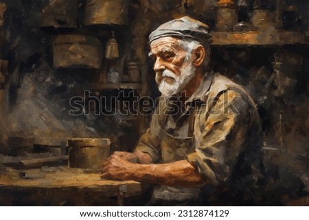 Portrait, Elderly man sitting at table, painted in watercolor in retro style.