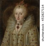 Portrait of Elizabeth I, Queen of England, by Anonymous, c. 1550-99, European painting, oil on panel. The Queen wears a dress with a lace collar and ornamented with precious stones. She has a heavily