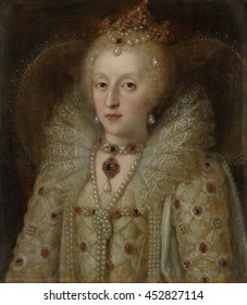 Portrait of Elizabeth I, Queen of England, by Anonymous, c. 1550-99, European painting, oil on panel. The Queen wears a dress with a lace collar and ornamented with precious stones. She has a heavily